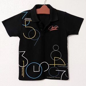 La Mode Abstract Vibrant Black and Blue Polo with Colorful Number Pattern